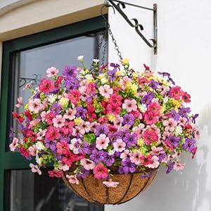Artificial Hanging Flowers for Outdoors, Fake Hanging Plants with 12" Baskets, 12 Pcs UV Resistant Artificial Hanging Flowers for Decoration Outdoors Garden Patio Porch Yard Spring Summer Decor