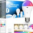 RGB WirelessGlow Rechargeable Light Bulbs with Remote, 8 Color & Dimmable Battery Operated Light Bulb with Memory Mode, 2 Timer, Cordless E26 Bulb for Wall Sconce, Nursery, Power Outage, Closet,1PK (Rgb-3000k-4000k-6500k)