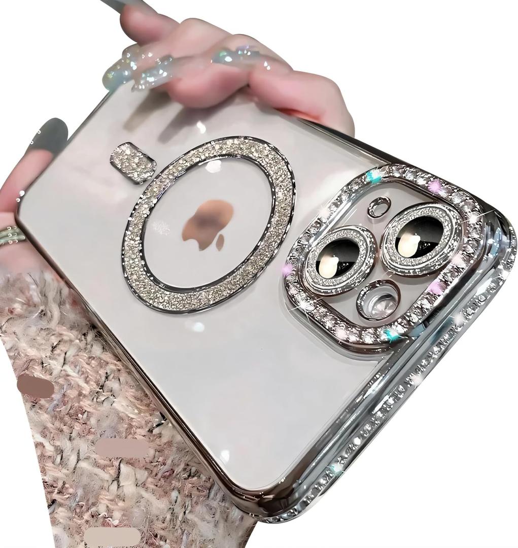 Magnetic Glitter Diamond for iPhone 15 Pro Max Case[Compatible with MagSafe]Sparkle Rhinestone Camera Lens Protector Plated,Crtstal Clear Slim Military Drop Shockproof Cover for Women,Silver