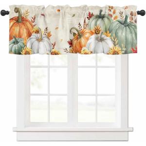 Fall Orange White Pumpkin Valances for Windows 54" W x 18" L Sunflower Sage Green Leaf Thanksgiving Rod Pocket Curtains Valance Short Window Treatment Drapes for Living Room, Bedroom Bathroom Decor