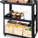 3 Tier Metal Utility Rolling Cart with Wheels, Heavy Duty Storage Organizer Trolley Cart for Kitchen, Bathroom, Office, Bedroom – Multi-Purpose 330Lbs Capacity Utility Cart on Wheels, Black 13.6"D x 27.5"W x 31.5"H