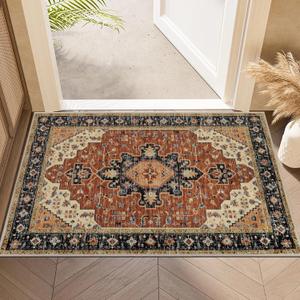 SHACOS 2x3 ft Indoor Doormat Boho Area Rug Entryway Rug Washable Vintage Non Slip Low Pile Thin Medallion Floral Doormat Indoor Front Door Mat Soft Small Area Rug, Terracotta/Black 2'x3'