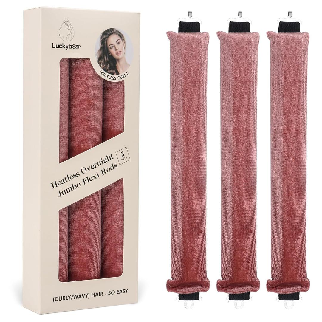 Luckybear Heatless Hair Curlers, 3pcs Satin Jumbo Flexi Rods for All Hair Types, Overnight Sleeping Curls Styling Tools, Dark Pink (Dark Pink)