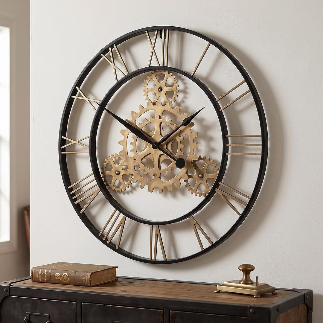Cuspin 30 Inch Large Wall Clock Black Gold Roman Numeral Gears Wall Clock