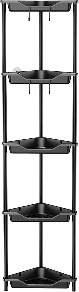 5 Tier Floor Standing Corner Shower Caddy Organizer Shelf with Hooks, Bathroom Shelves Stand Rack, Jet Black