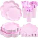 350 Pcs Lavender Paper Plates and Napkins Set, Tableware Set for 50 Guests Include Disposable Purple Scalloped Plates, Napkins, Cups, Knives, Fork & Spoon for Baby Shower Wedding Bridal Shower