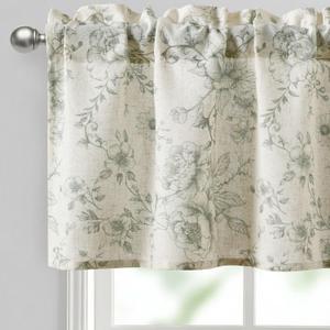 JIUZHEN Thick Textured Linen Floral Valance for Kitchen/Living Room/Bedroom Window, Rod Pocket French Farmhouse Light Filtering Valance Curtain, Green Peony Fragmented Flowers, 42 x 18 Inches, 1 Panel
