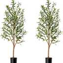 5ft Artificial Olive Tree, Fake Olive Tree with 420 Lifelike Olive Leaves and 30 Fruits, Faux Olive Silk Plants with Natural Wood Trunk in Pot for Living Room Bedroom Office Decor 2packs