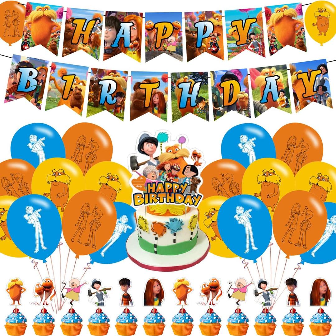 Cartoon Loraxs Party Decorations,Loraxs Birthday Party Supplies Includes Banner- Cake Topper - 24 Cupcake Toppers - 18 Balloons