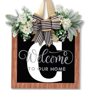 14'' Large Last Name Welcome Door Wreath for Front Door 26 Letter All Year Round Wooden Hanging Decoration for Farmhouse Home Outdoor and Indoor Decor