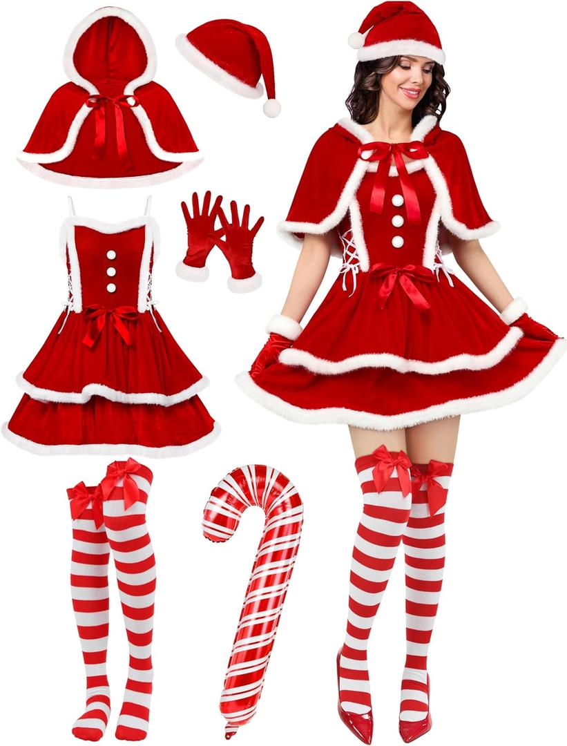SOMSOC Mrs Santa Claus Costume Christmas Outfits For Women With Cape Santa Halter Dress Socks Balloons Xmas Cosplay (Medium)