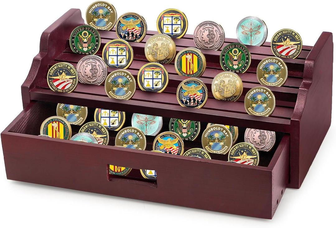 ZOOFOX Challenge Coin Display Holder, 12 Row Wood Military Coin Rack with Drawer, 3-Tier Army Collectible Coins Case for Desktop, Collectors, Holds 80-90 Coins