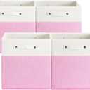 13 x 13 Inch Fine Linen Storage Bins with HandlesFabric Cube BoxsBasket Organizers for Shelves for Home, Closet Drawers (White/Pink-4 Pack)