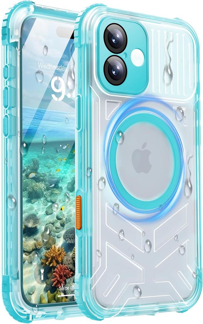 for iPhone 16 Waterproof Case with Magsafe, Built-in [Camera & Screen Protector] [Lanyard], IP68 Water Proof Full Body Dustproof Heavy Duty Frosted Protective Phone Cover, 6.1" Teal