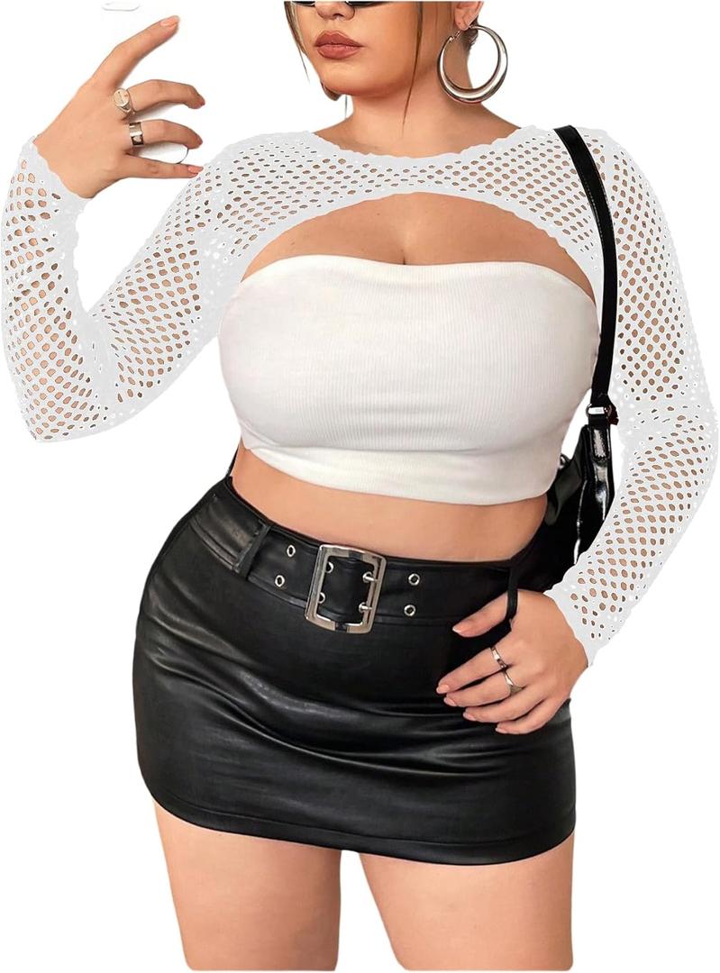 WDIRARA Women's Plus Size Fishnet Sheer Mesh Round Neck Long Sleeve Super Crop Top (3X-Large Plus)