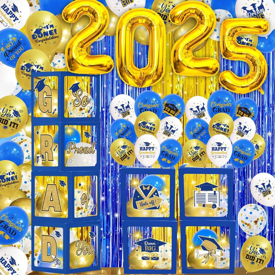 Blue Gold Graduation Decorations Class of 2025 Graduation Balloon Boxes with Letters 2025 Grade Party Decorations with Lights for Grade Party Supplies