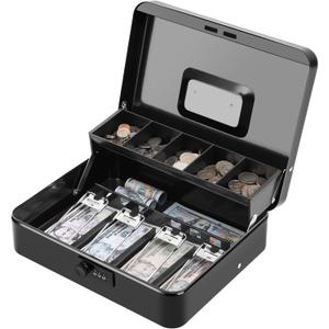 KYODOLED Metal Cash Box with Combination Lock & Spring-Loaded Bill Clips, 5-Compartment Cantilever Coin Tray, Portable Safe for Yard Sales/Craft Fairs/Small Businesses, 11.81x9.45x3.54, Black