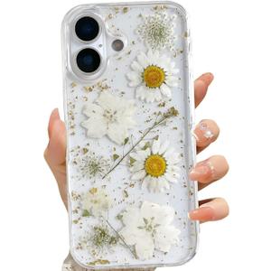 for iPhone 17 Clear Case with Pressed Real Flowers Design,Glitter Cute White Floral Pattern Slim Soft TPU Protective Women Girl's Phone Cover for iPhone 17
