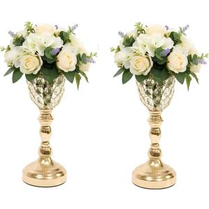 13.2in Gold Vases for Centerpieces, 2Pcs Crystal Vases for Flowers, Metal Floral Stands for Wedding, Flower Stands for Table Wedding Reception Party Event Home Decor