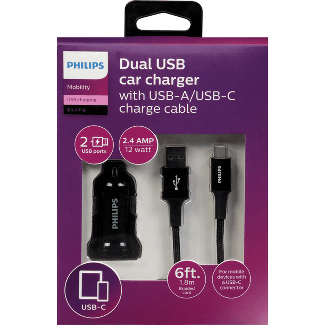 Philips Dual USB Car Charger, with USB-A/USB-C Charge Cable