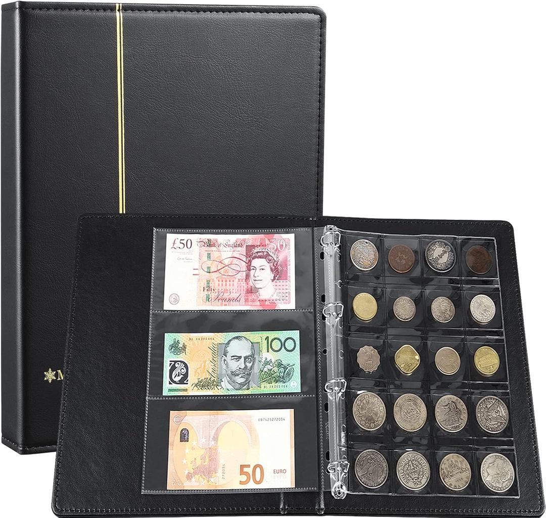 Currency Coin Album,370 Pockets Coin and Currency Collecting Binder,250 Pockets Coin Collection Book Holder,120 Pockets Paper Money Stamp Page Album Supplies for Collectors Black
