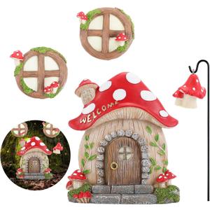 Miniature Fairy Garden Accessories Christmas Decorations Mushroom Fairy Door and Windows for Trees, Glow in The Dark Yard Garden Sculpture Lawn Ornament Outdoor Decor Accessories with Fairy Lantern