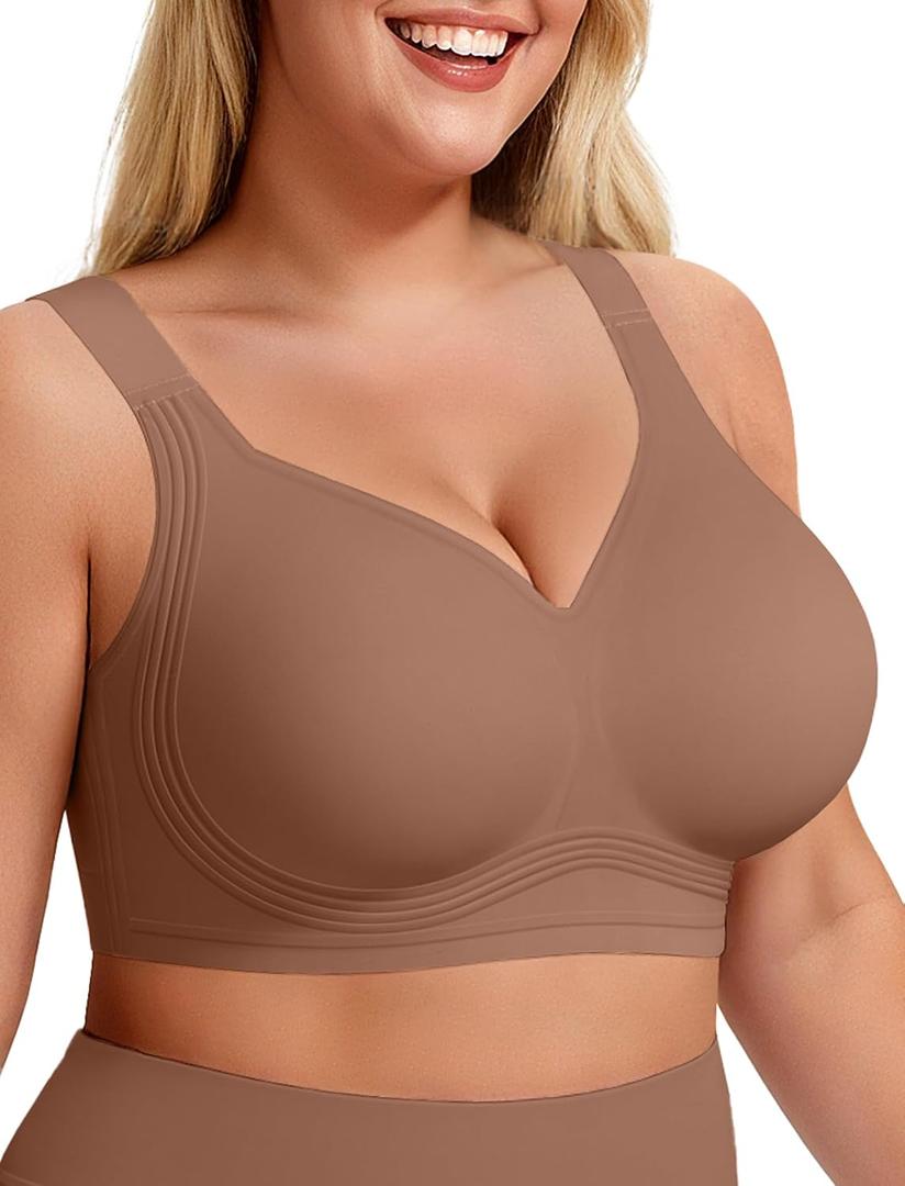 LetsJoli Bras for Women Supportive Wireless Push Up Bra Full Coverage No Underwire Seamless Plus Size for Older Women 4XL (Brown)