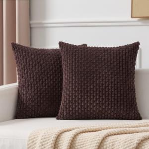 Kevin Textile Decorative Pillow Covers Set of 2 Striped Plush Corduroy Pillows Pillowcases Boho Home Decor Cushion Covers for Couch Sofa Bed Living Room 20x20 Inch, Coffee