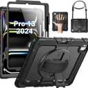 SEYMAC for iPad Pro 13 Inch Case 2024 M4 (7th Generation), Heavy Duty Shockproof Protective Case with Screen Protector, 360 Rotating Stand, Hand/Shoulder Strap and Pen Holder, Black