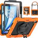 SEYMAC Case for iPad Air 11 Inch M3 2025/M2 2024 (Air 7th/6th Generation), Heavy Duty Shockproof Protective Case with Screen Protector, Rotating Stand and Hand/Shoulder Strap, Orange