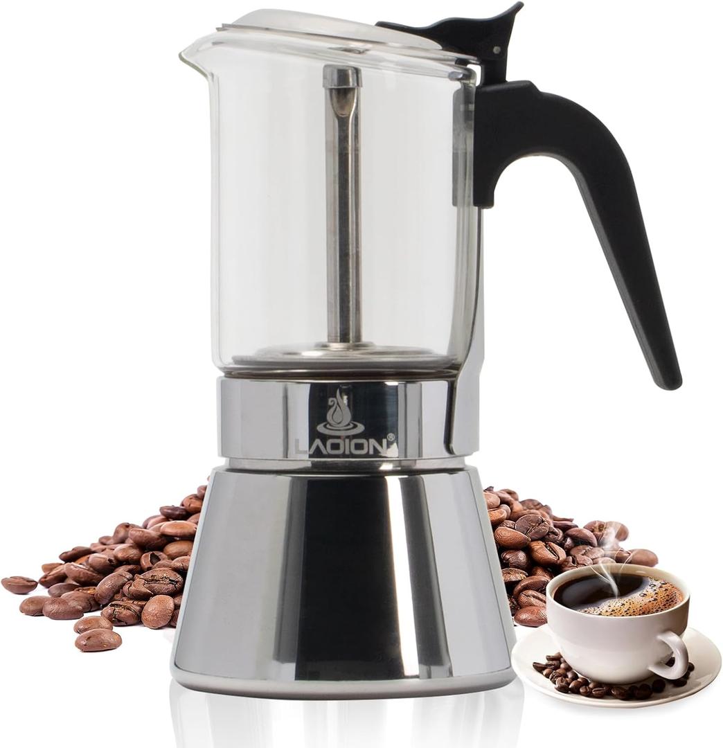 Stovetop Espresso Maker, 3Cup 160ml Moka Pot, Crystal Glass-top & Stainless Steel Coffee Maker Mocha Pot, Greca De Cafe, Cuban and Italian Coffee Maker for Cafetera Cubana (Silver)