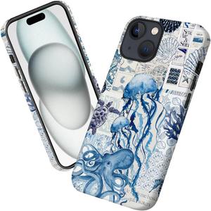 Case for iPhone 15,Sea Jellyfish Octopus Collage Phone Case Military-Grade Drop Protection Cover for Women Girl - Frosted