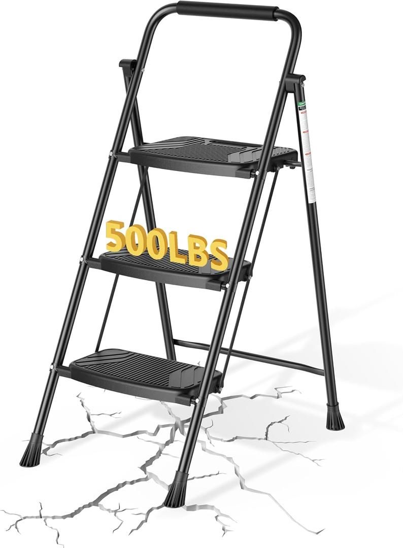 Step Ladder with Handrail, Folding Steel Step Stool, 3-Step