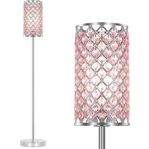 Crystal Floor Lamp for Bedroom, Silver Floor Lamp with Pink Shade, Girls Lamp with On/Off Foot Switch, Elegant Standing Light Tall Pole Lamp for Living Room, Dresser, Office (E26 Base)