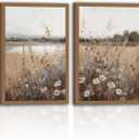 2Pcs Framed Wood Frame Vintage Wall Art Retro Farmhouse Wildflower Wall Decor Paintings Art Pictures, Country Floral Field Landscape Canvas Posters Prints for Bedroom Bathroom 16x24In
