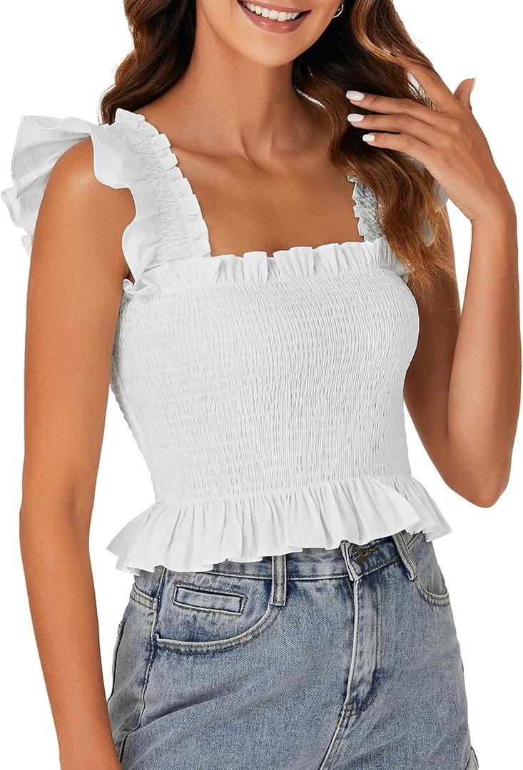 Rooscier Women's Summer Tops Square Neck Smocked Ruffle Cap Sleeve Peplum Blouse Casual Flowy Shirt for Women Plain White Large (White, L)