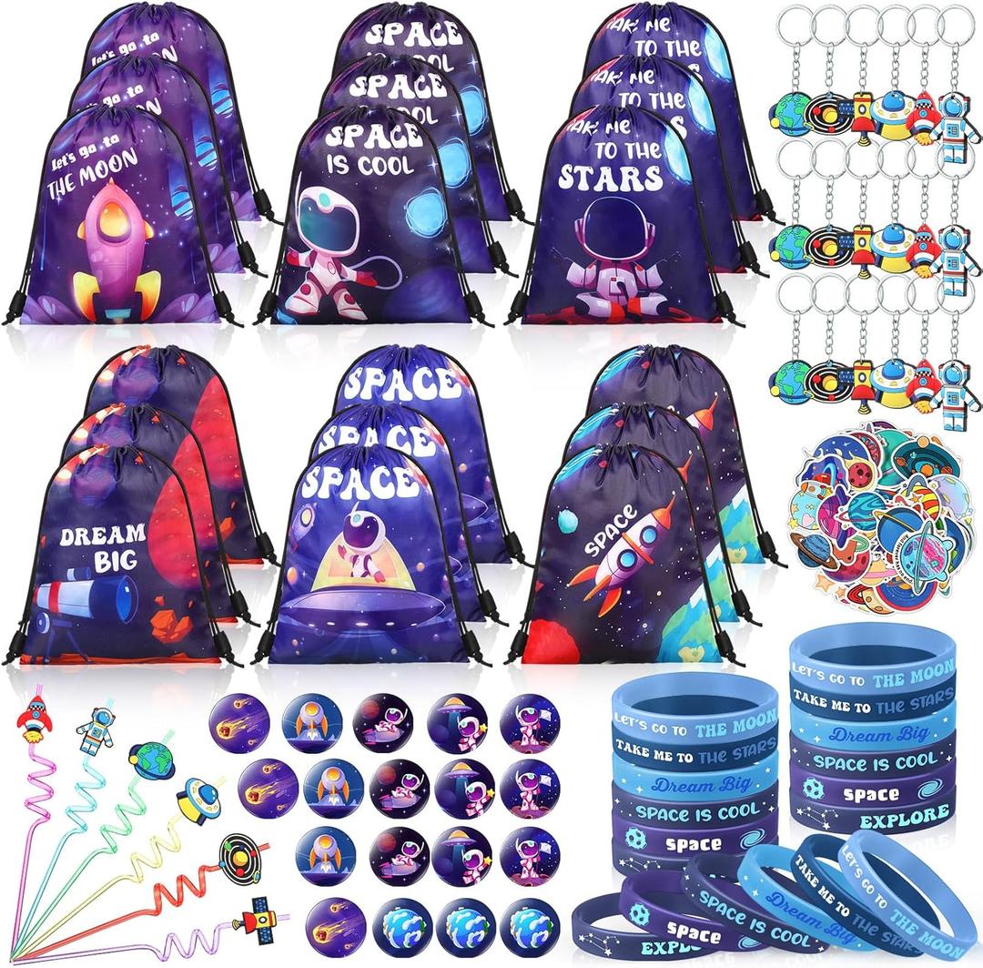Sadnyy 140 Pcs Space Party Favors Outer Space Gift Bulk Galaxy Drawstring Backpack with Silicone Bracelet Straws Keychains Pin Badges Stickers for Galaxy Party Theme Birthday Supplies