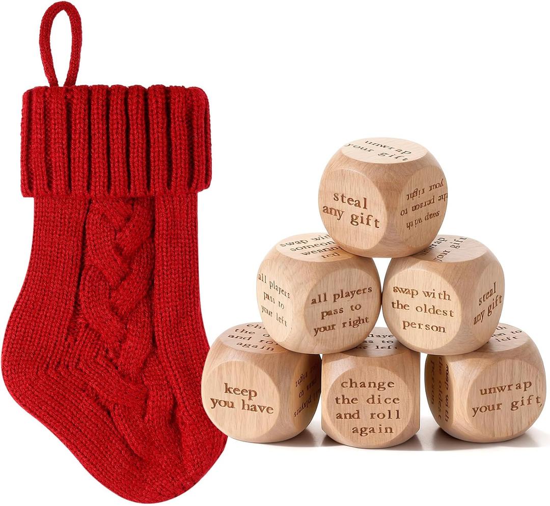 6 Pcs Christmas Swap Gift Exchange Dice with Stocking, Christmas Game Dice Group Ice Breaking Party Games for Family Party Gifts for Xmas(Light Brown)