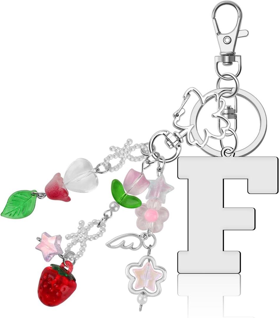 2 x Initial Letter Keychains for Women Cute Star Heart Strawberry Car Keychain for Wallet Backpack Bag