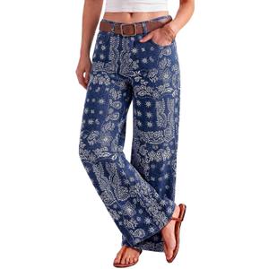Tankaneo Womens Boyfriend Baggy Jeans Boho Wide Leg High Waist Denim Pants (Dark Blue), Size: 10