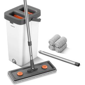 Mop and Bucket with Wringer Set for Home,61" Flat Mop and Bucket System for Floor Cleaning,Wet Dry Mop Window Wall Cleaner with Long Handle,Floor Mop with 4 Washable Microfiber Pads