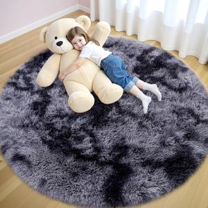 OLANLY Light Grey Tie-dye Round Rugs for Bedroom - Machine Washable, 5x5 Feet Circle Area Rugs for Living Room, Soft and Fluffy Shaggy Carpet for Teen Girls and Boys, Dorms, Home Decor Aesthetic
