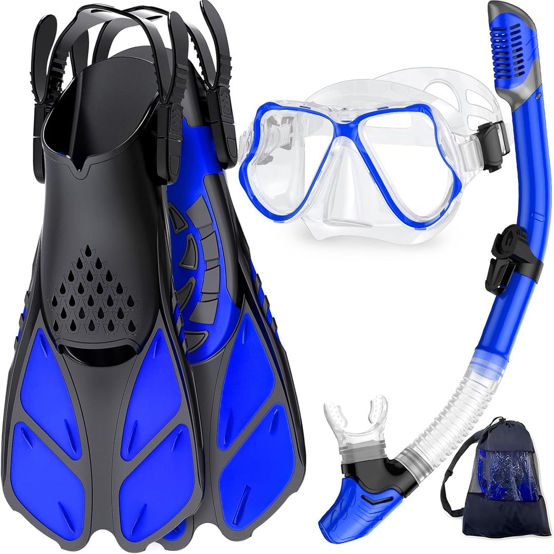 Zenoplige Mask Fins Snorkel Set, Snorkeling Gear for Adults, Panoramic View Snorkel Mask Anti-Fog, Adjustable Dive Flippers, Dry Top Snorkel and Travel Bag, Scuba Gear for Swimming Snorkeling Diving (Large-X-Large, Transparent Blue)