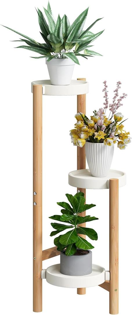 BMOSU Plant Stand For Indoor Outdoor Bamboo 3 Potted Holder Shelf Plant Rack Plants Corner Plant Shelf Plant Display Rack(White)