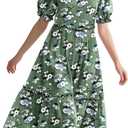 YESNO Summer Floral Midi Dresses for Women V Neck Puff Short Sleeve Frill Trim Dress with Pockets EVX (XXXL)
