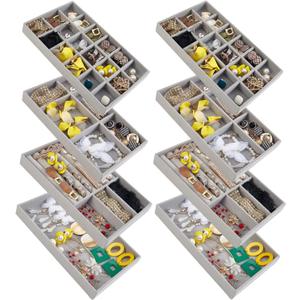 SPAKOWN Jewelry Drawer Organizer Inserts Set of 8, Small Stackable Jewelry Tray with Removable Dividers for Earrings Necklaces Rings Bracelets (Grey)