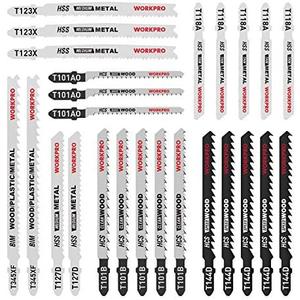 WORKPRO 25-Piece T-Shank Jig Saw Blade Set with Storage Case, Made with HCS/HSS/BIM, Assorted Blades for Wood, Plastic and Metal Cutting