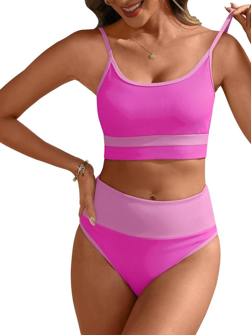 ANRABESS Womens High Waisted Bikini Sets,Color Block 2 Piece Swimsuits,Tummy Control Bathing Suits,Thick Ribbed Beach Wear (Pink, M)