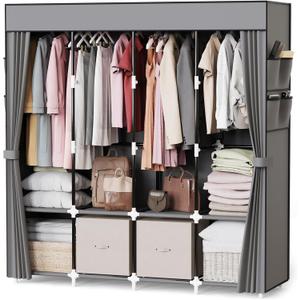 Mavivegue Portable Closet Wardrobe, Clothes Organizer with 4 Hanging Rods, Non-Woven Fabric Cover, Large Capacity Storage for Bedroom and Living Room,Gray, 67" W x 17" D x 67" H (Grey)