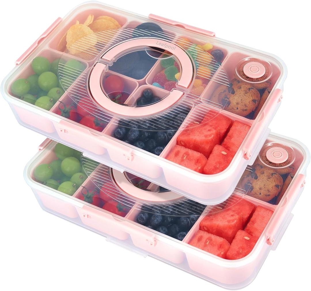 Snackle Box Container, Dishwasher Safe Fruit Snack Containers, Divided Serving Tray with Lid for Veggie, Candy, Snackle Charcuterie Plastic Boxes for Kids Adults Travel Picnic (2 Pack 8 Compartment (Pink))